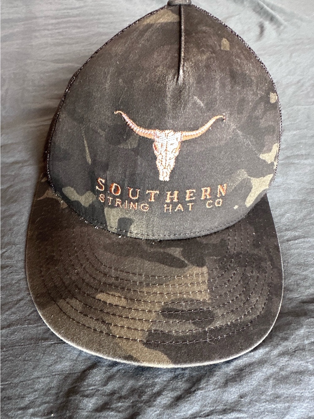 Southern String Hat Co Black Camo 
SnapBack Cap with Tan Embroidered Longhorn